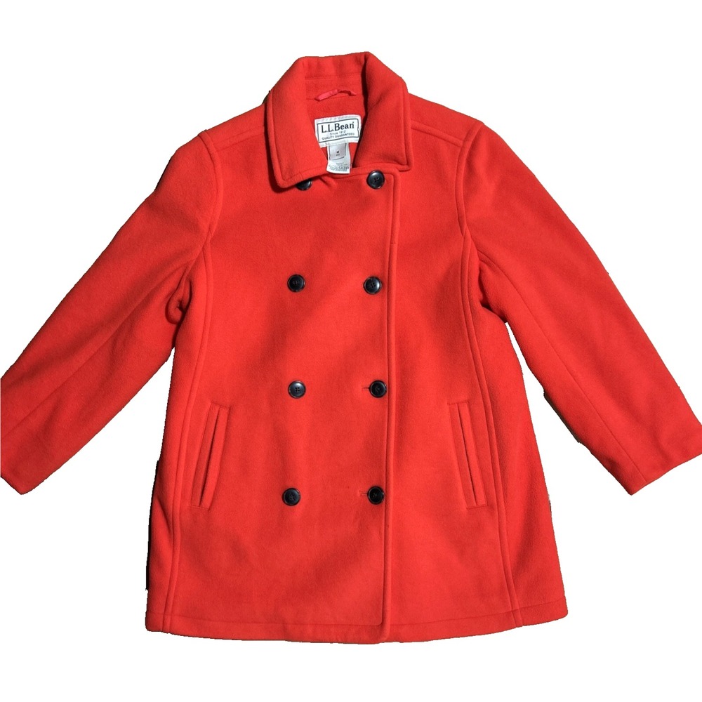 LL L.L BEAN Red Fleece PEACOAT JACKET COAT Double Breasted DARK BUTTONS sz S-R